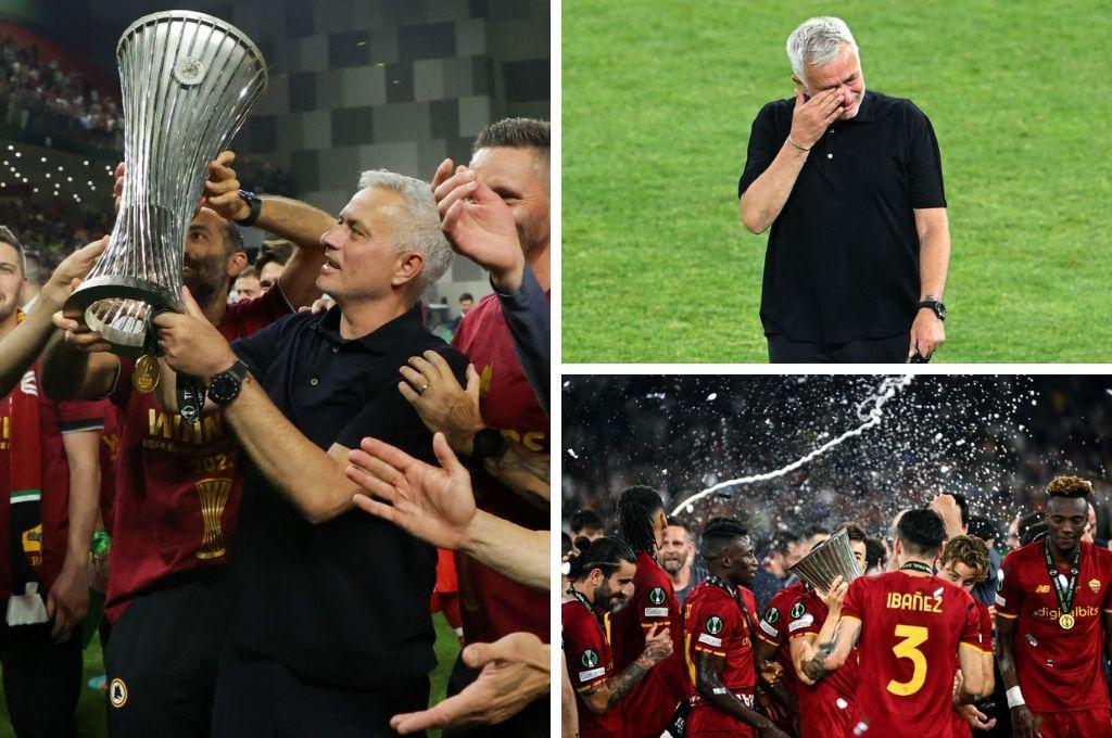 Las lágrimas de Mourinho tras ganar la Conference League con la Roma y el gesto con el que afirma que es el mejor del mundo