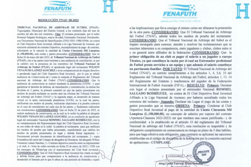 El TNAF falló a favor del técnico Romell Salgado, quien reclama seis meses de contrato al Real Juventud.