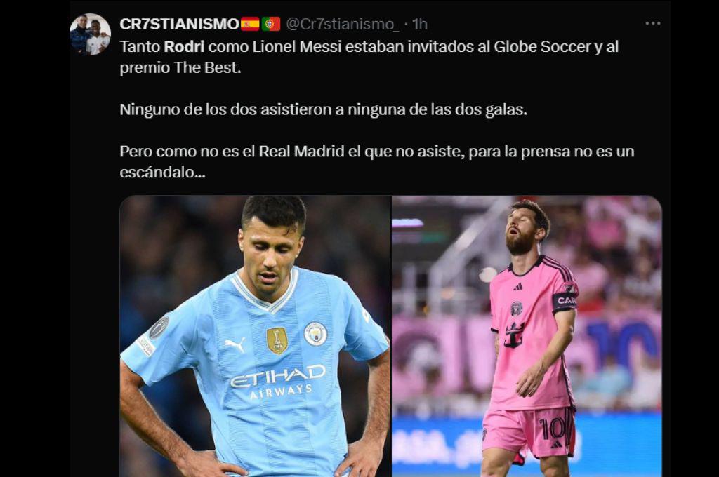 “Hipocresía” “poca humildad del Balón de Oro”: así reaccionan en redes a la ausencia de Rodri en los premios Globe Soccer Awards