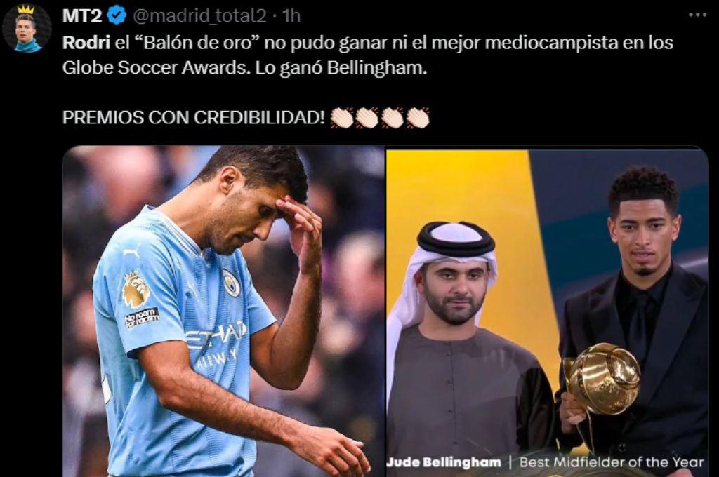 “Hipocresía” “poca humildad del Balón de Oro”: así reaccionan en redes a la ausencia de Rodri en los premios Globe Soccer Awards