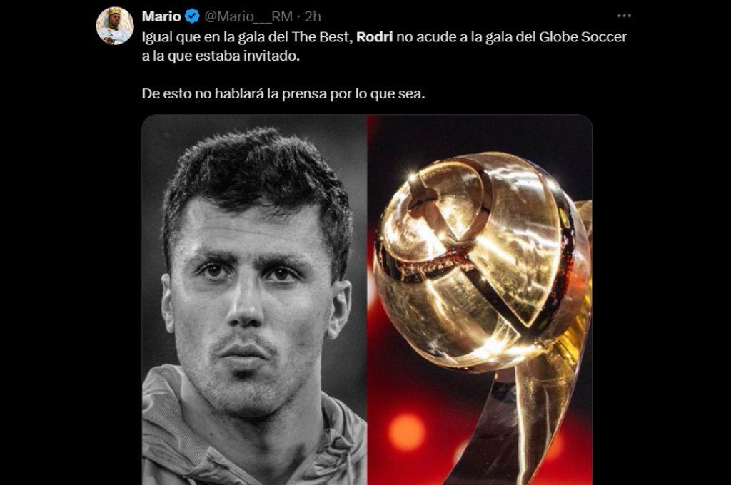 “Hipocresía” “poca humildad del Balón de Oro”: así reaccionan en redes a la ausencia de Rodri en los premios Globe Soccer Awards