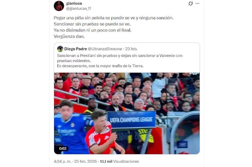 Prestianni comete nuevo error en redes tras criticar a compañero por Vinicius y lo borra: Bebé llorón y mentiroso