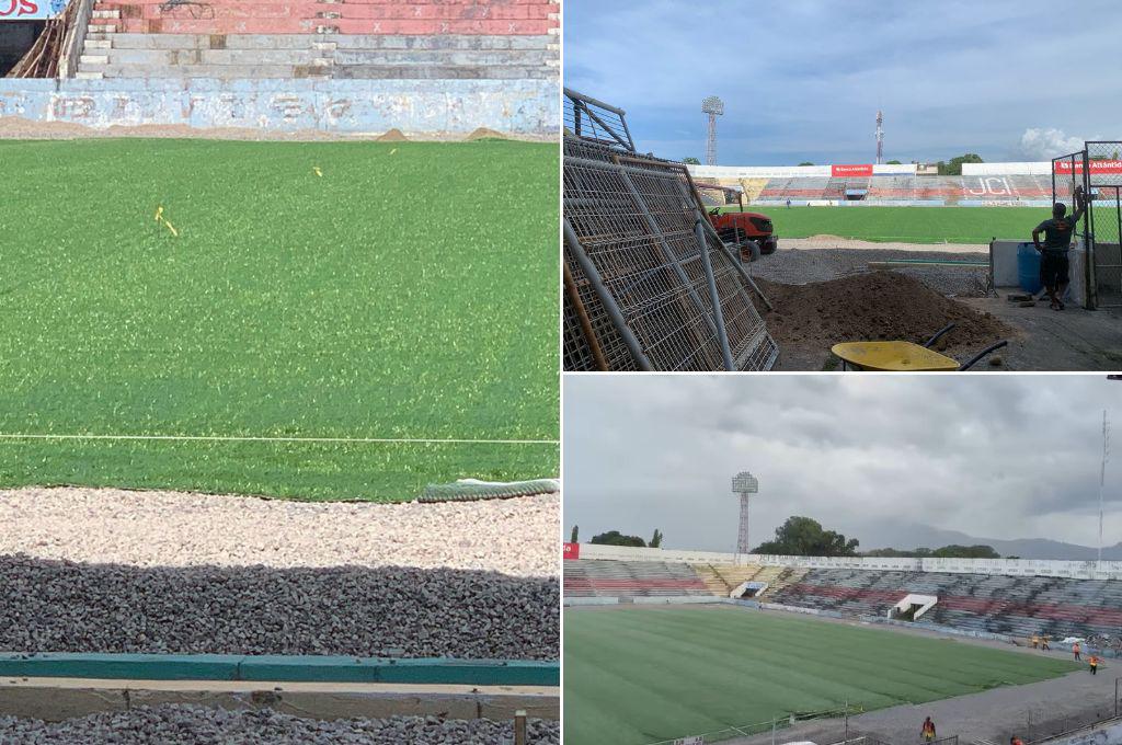 Ya se colocó la carpeta híbrida: así avanzan los trabajos en el estadio Ceibeño que contará con nueva grama de primer nivel