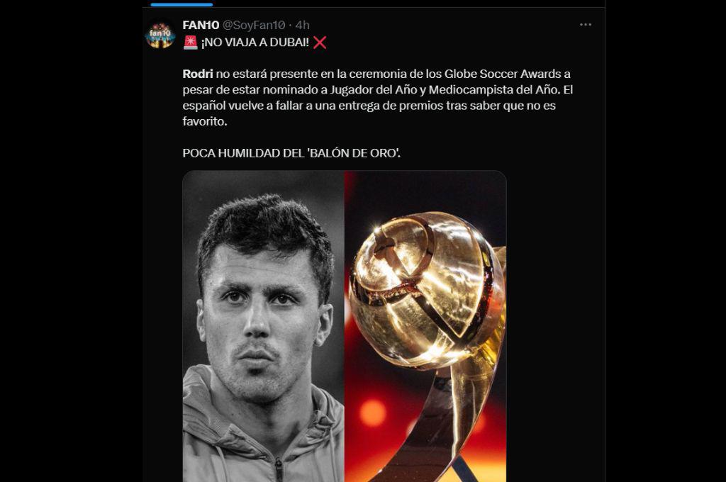 “Hipocresía” “poca humildad del Balón de Oro”: así reaccionan en redes a la ausencia de Rodri en los premios Globe Soccer Awards