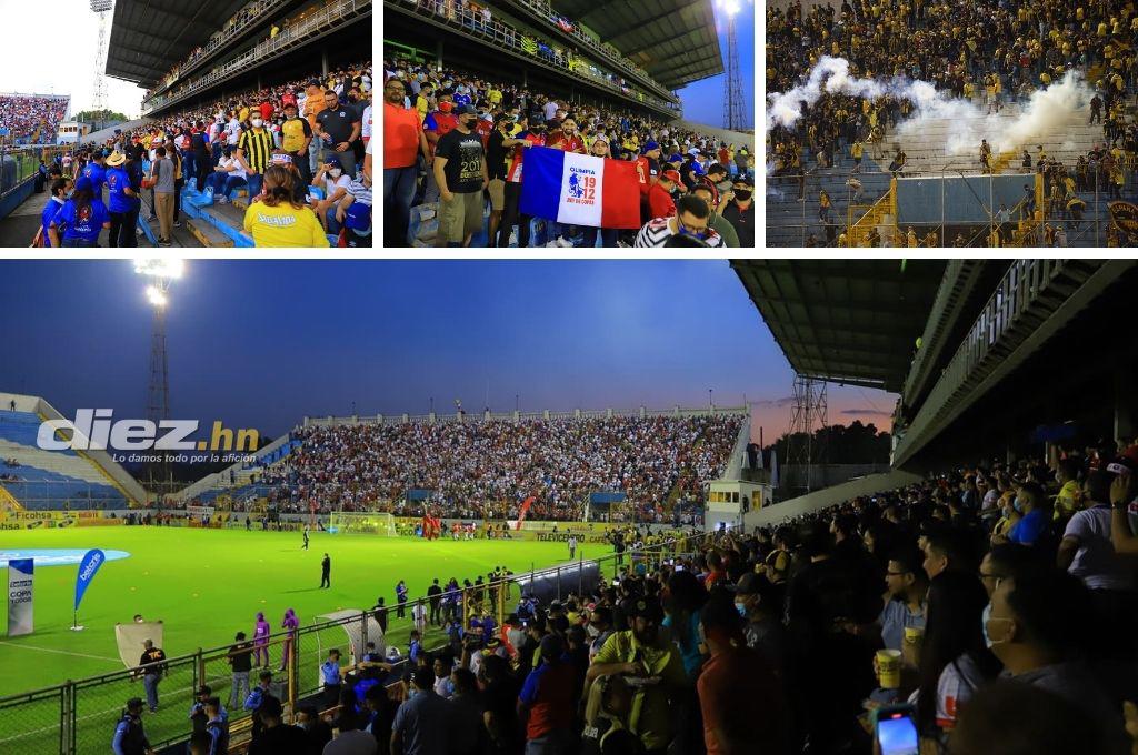 El ambiente en el interior del estadio Morazán: Pintado de amarillo y negro, pero también de blanco