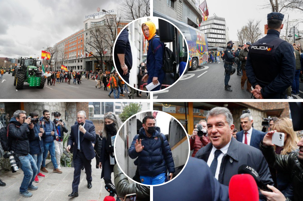 ¡Tractores en la calle! Así fue la caótica llegada de Barcelona al hotel y la pregunta que no quisieron responder Laporta y Florentino