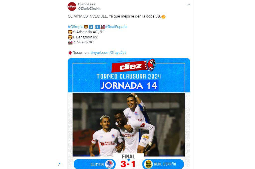 Prensa hondureña se “rinde” ante el Olimpia tras vencer al Real España y ampliar su racha de invicto en la Liga Nacional