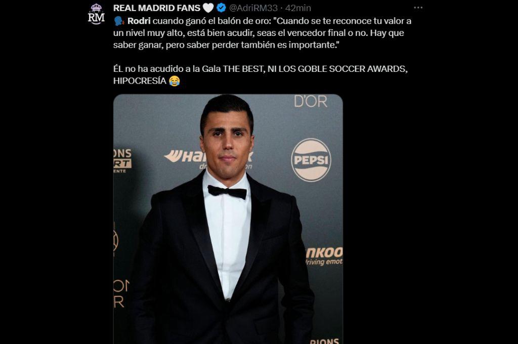“Hipocresía” “poca humildad del Balón de Oro”: así reaccionan en redes a la ausencia de Rodri en los premios Globe Soccer Awards