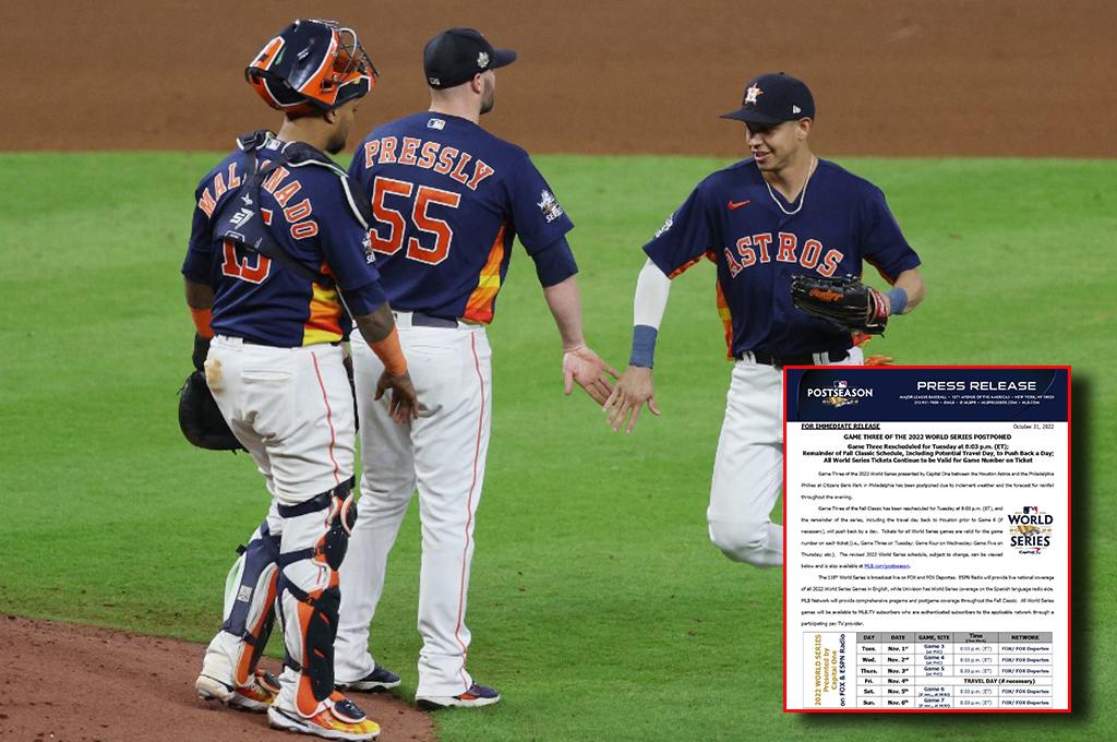 Suspendido el tercer juego de la Serie Mundial de Béisbol entre los Astros y Phillies por condiciones climáticas