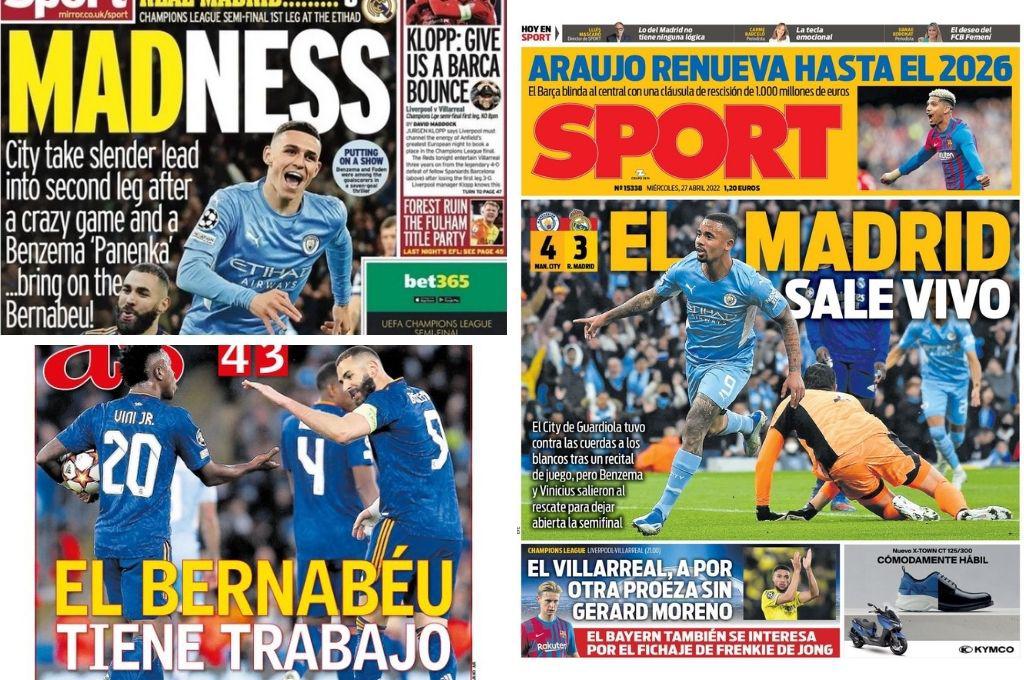 Las portadas que dejó el partidazo entre Manchester City y Real Madrid: “Milagro” y “sale vivo”