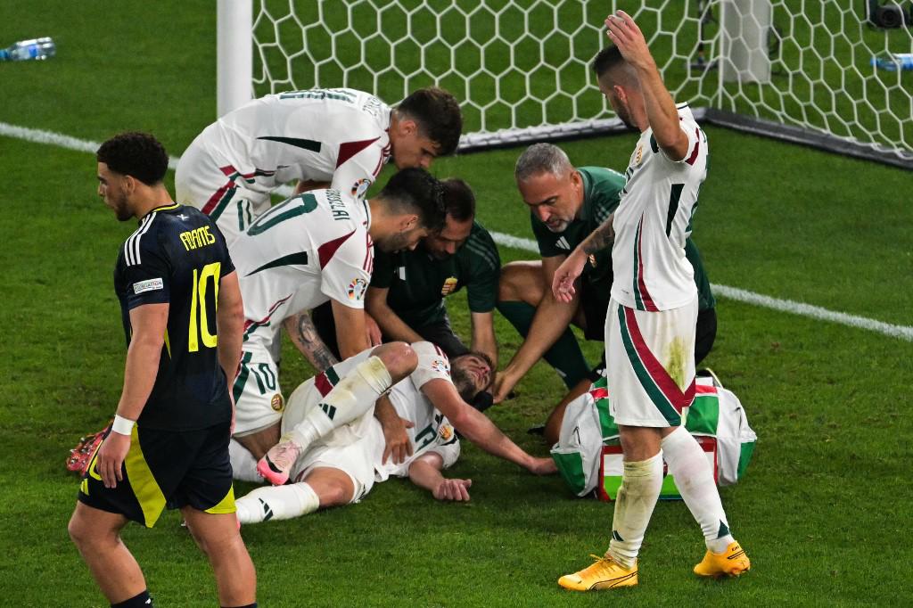 Sensibles imágenes en la Eurocopa 2024: Así quedó jugador de Hungría tras golpe en la cabeza y la lesión que sufre