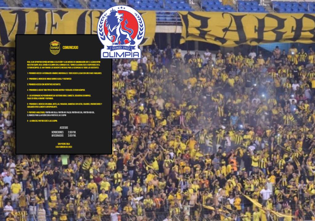Real España prohibe ingreso de las barras y solo permitirá aficionados en familia en el clásico ante Olimpia