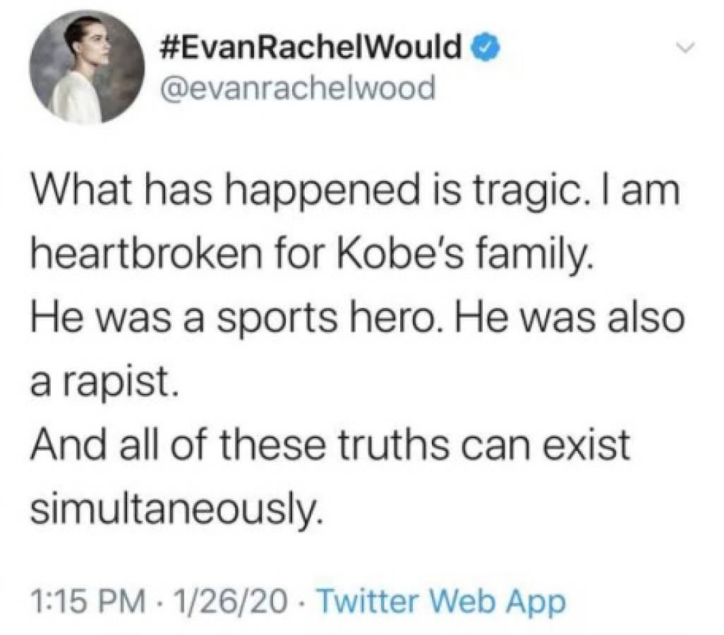 Kobe Bryant: Evan Rachel Wood causa polémica por llamarlo ''violador'' tras su muerte
