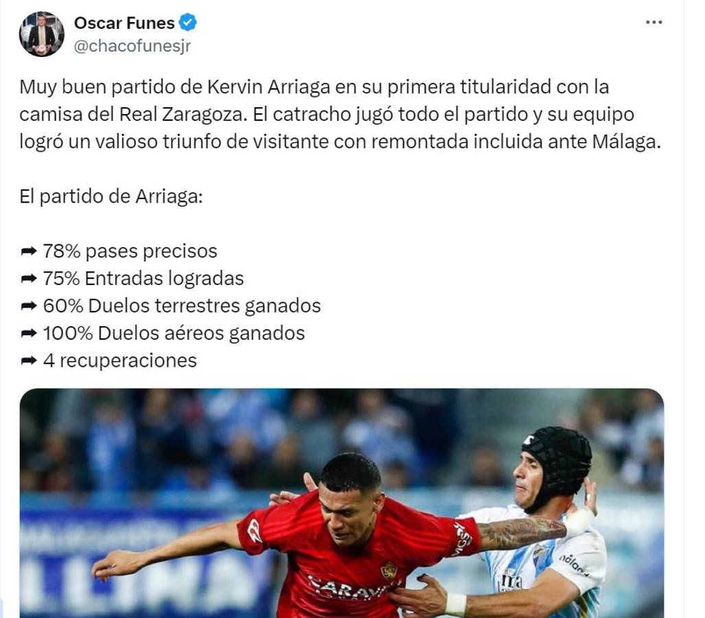 “Estoy enamorado del fichaje de Kervin Arriaga”: aficionados del Zaragoza y periodistas llenan de elogios al hondureño tras victoria contra Málaga