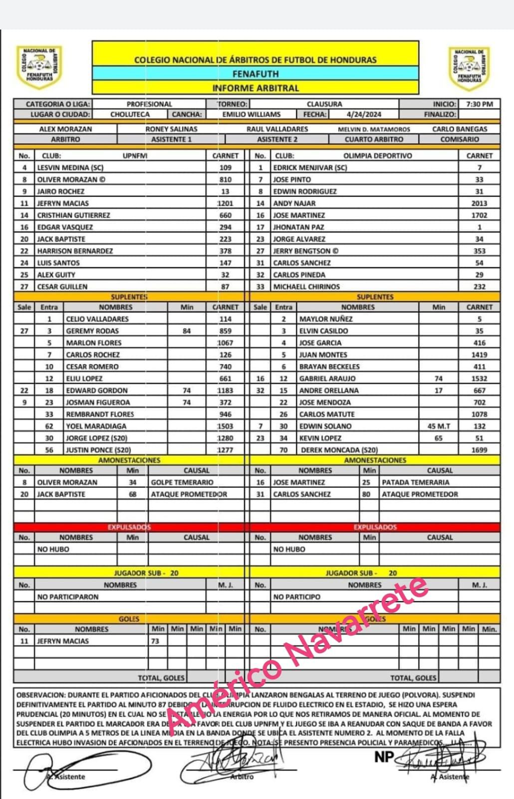 Lo que dice el acta arbitral de Alex Morazán, réferi del Olimpia vs Lobos. FOTO: Américo Navarrete.