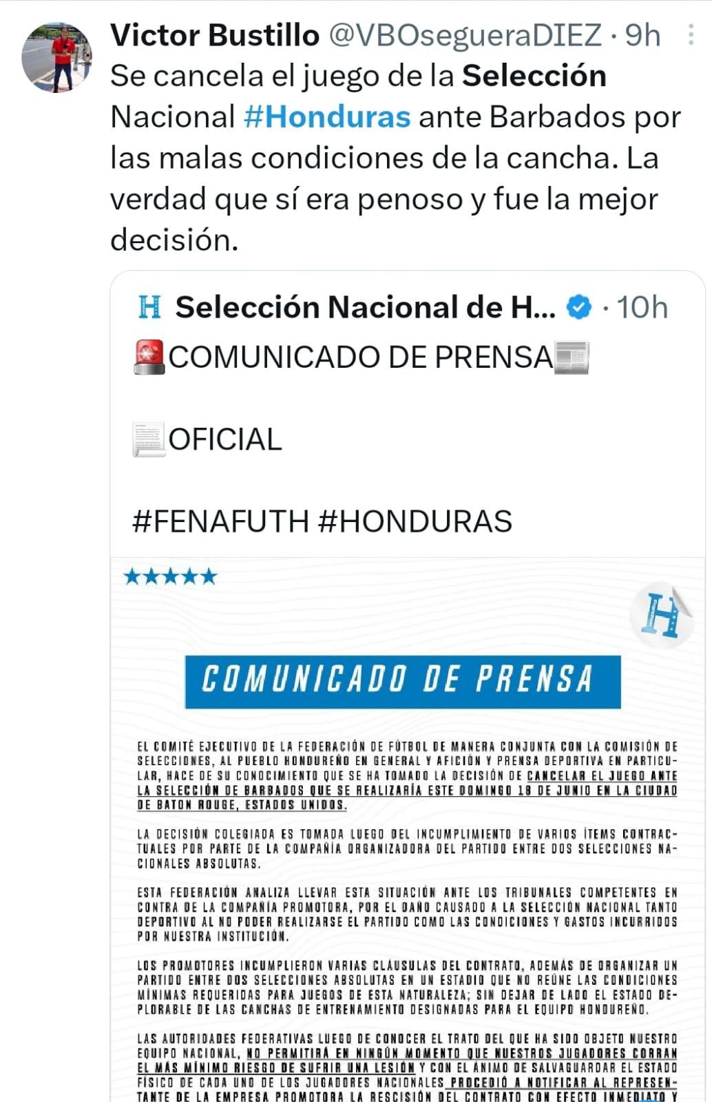 Prensa hondureña reacciona tras confirmarse la suspensión del partido amistoso entre Honduras vs Barbados