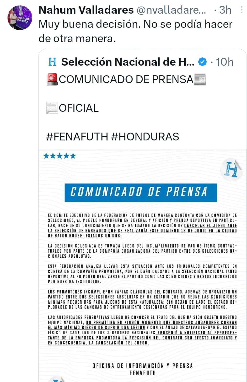 Prensa hondureña reacciona tras confirmarse la suspensión del partido amistoso entre Honduras vs Barbados