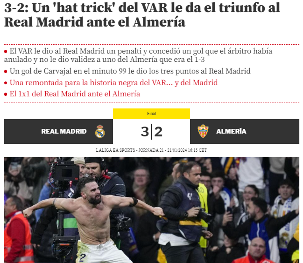 La feroz publicación del Almería y así reacciona la prensa al “robo” del Real Madrid en el Bernabéu