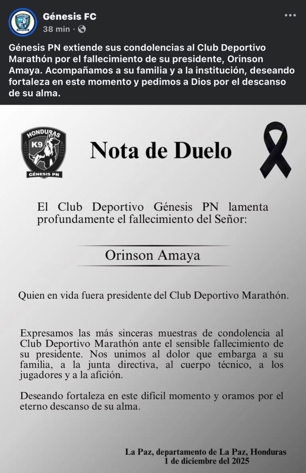 Pachuca y los equipos de la Liga Nacional despiden al presidente de Marathón, Orinson Amaya: Permanecerá en nuestros corazones
