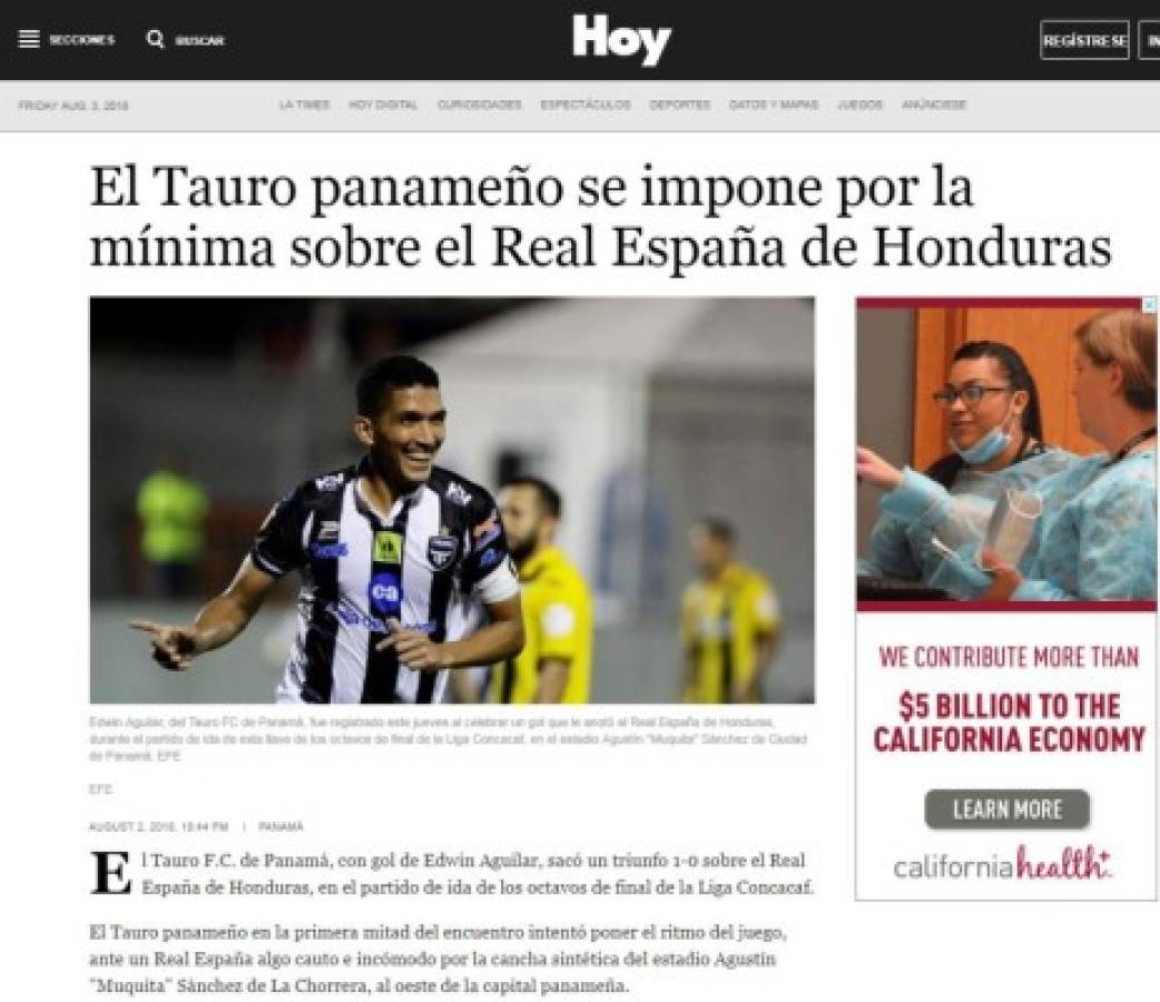 Portadas de los diarios internacionales sobre derrota de Real España ante Tauro FC