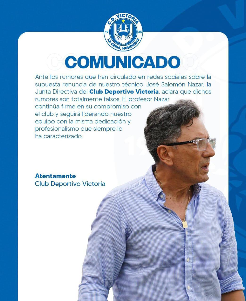 Oficial: Victoria lanza comunicado y desmiente la salida de Salomón Nazar del conjunto de La Ceiba