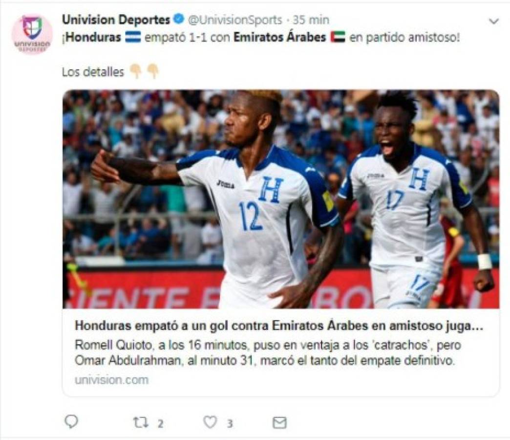 Esto dicen los medios internacionales del empate de Honduras ante Emiratos Árabes