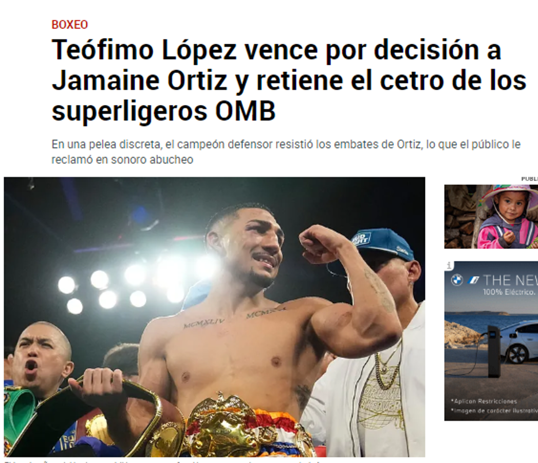 Teófimo López retuvo la corona con polémica y la prensa reacciona: “Defensa exitosa” y “Jamaine Ortiz fue robado”