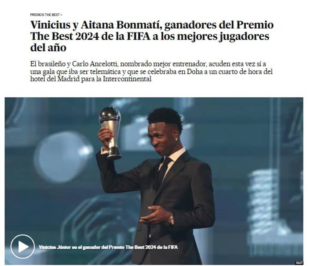 Vinicius ganó el premio The Best y la prensa reacciona: “Aquí sí asiste el Madrid; ya es mucho más grande que Neymar”