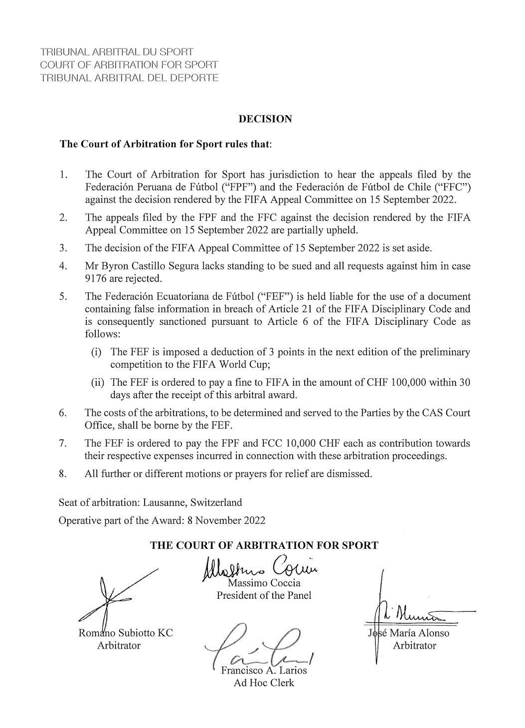 TAS sanciona a Ecuador por el “Caso Castillo”, pero confirma que sí estará en el Mundial de Qatar 2022