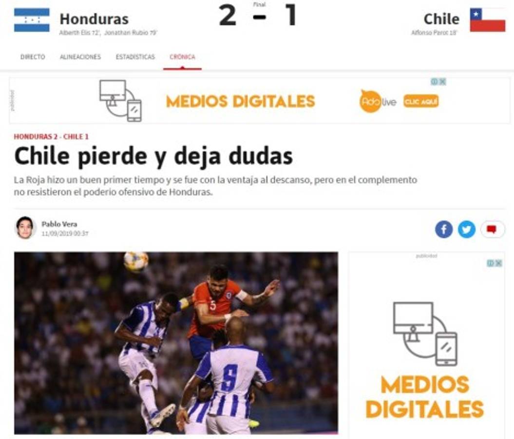 Así reaccionó la prensa internacional tras el triunfo de Honduras sobre Chile: 'Golpe y remontada'  