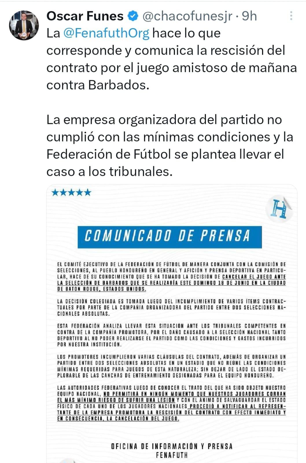 Prensa hondureña reacciona tras confirmarse la suspensión del partido amistoso entre Honduras vs Barbados