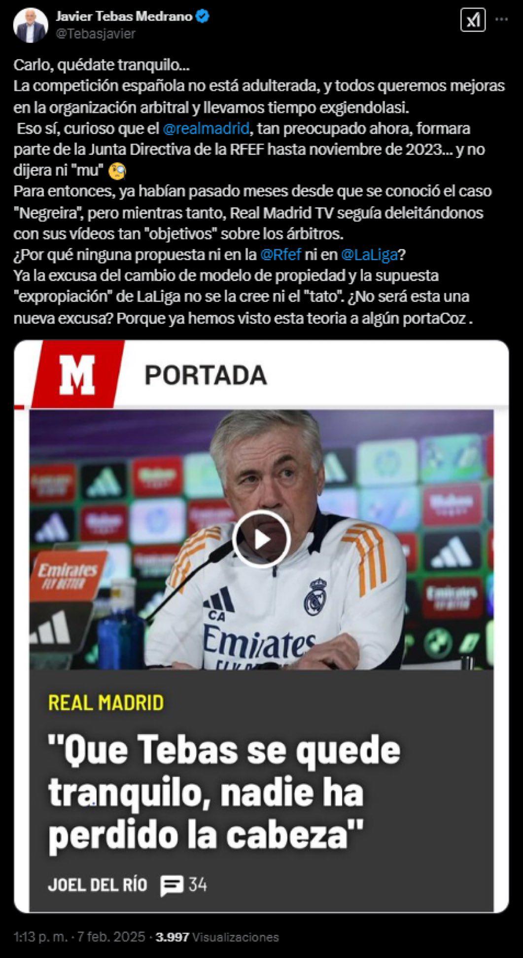 Tebas no se queda callado y responde a Ancelotti; Real Madrid ya lo sabe: “Carlo, quédate tranquilo...”