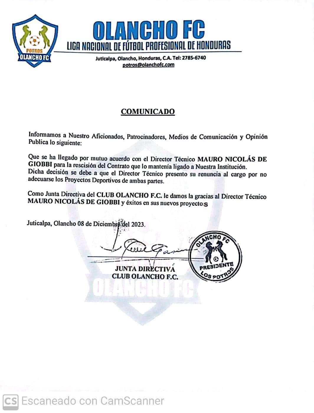 El comunicado de Potros anunciando la salida de Mauro De Giobbi.