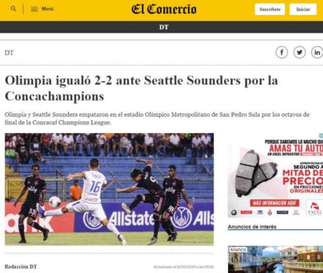 Lo que dice la prensa nacional e internacional del valioso empate de Olimpia ante Seattle en Concachampions