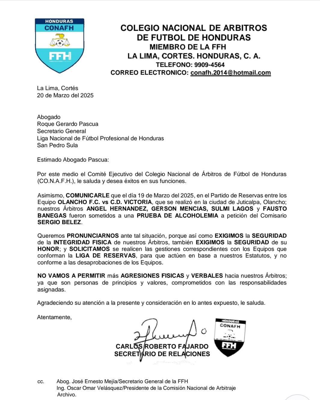 El comunicado que giró el Colegio Nacional de Árbitros del Fútbol de Honduras.