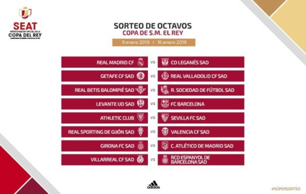 Definido los cruces de octavos de final de la Copa del Rey: Real Madrid-Leganés y Barcelona-Levante