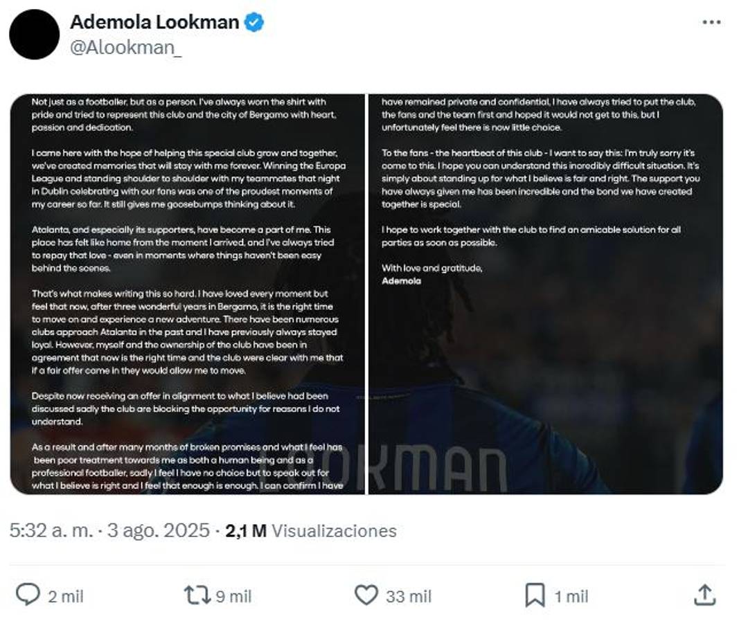 Lookman explotó contra la Atalanta y toma una drástica medida: Puedo confirmar que ya he solicitado...