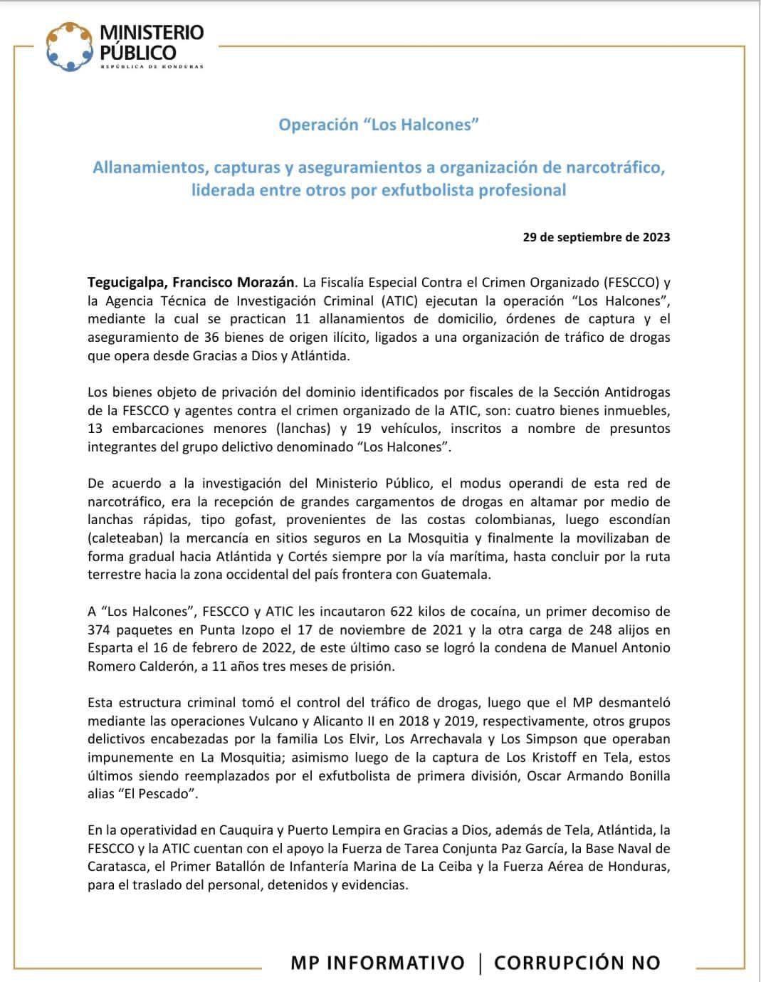 Este es el comunicado oficial del caso de Óscar “El Pescado” Bonilla, ex jugador del Olimpia, Marathón, Platense, entre otros equipos de Honduras.