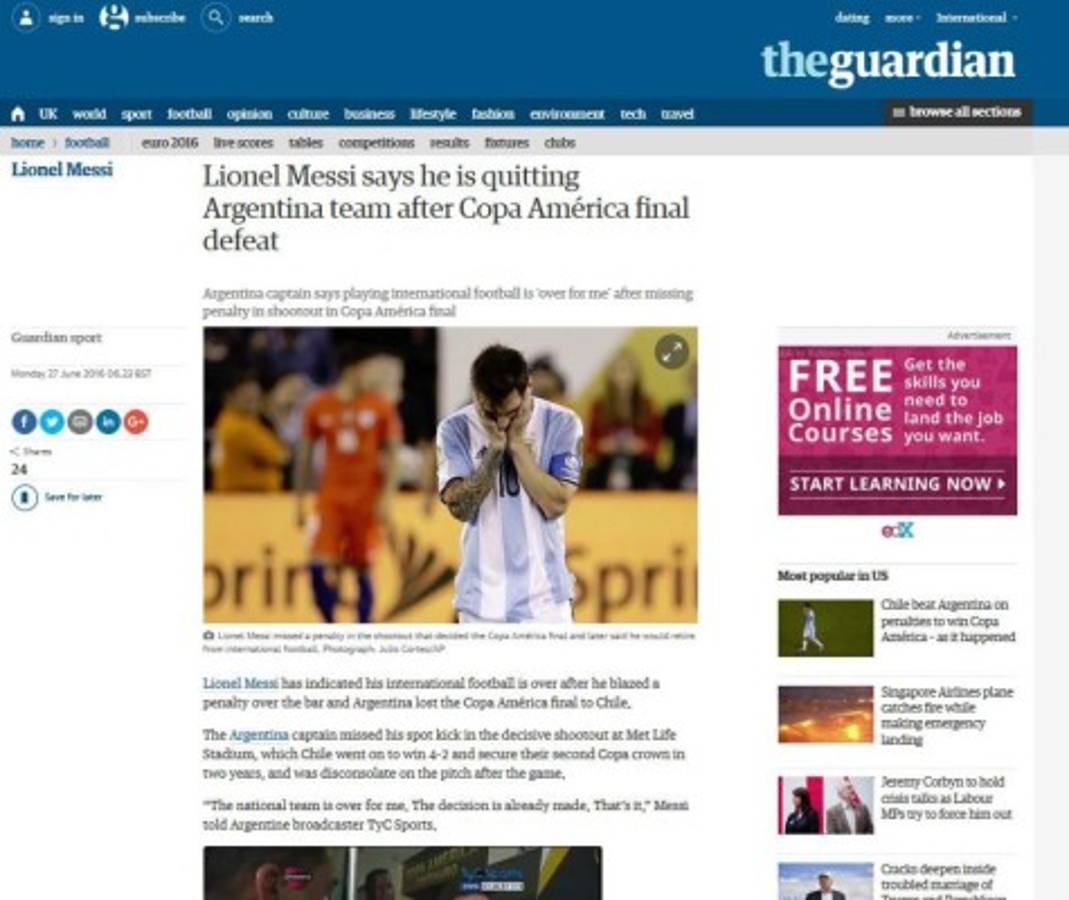 Prensa mundial impactada por el retiro de Messi de la selección