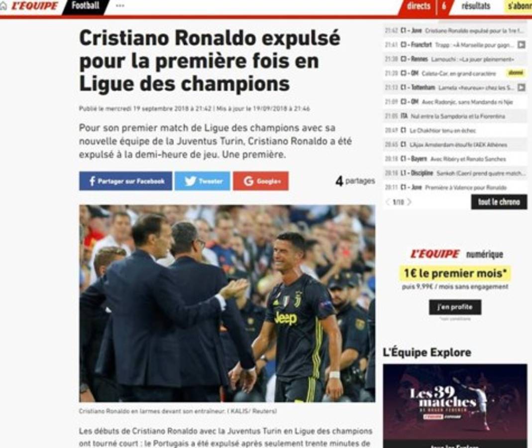 Así destaca prensa internacional expulsión de Cristiano Ronaldo
