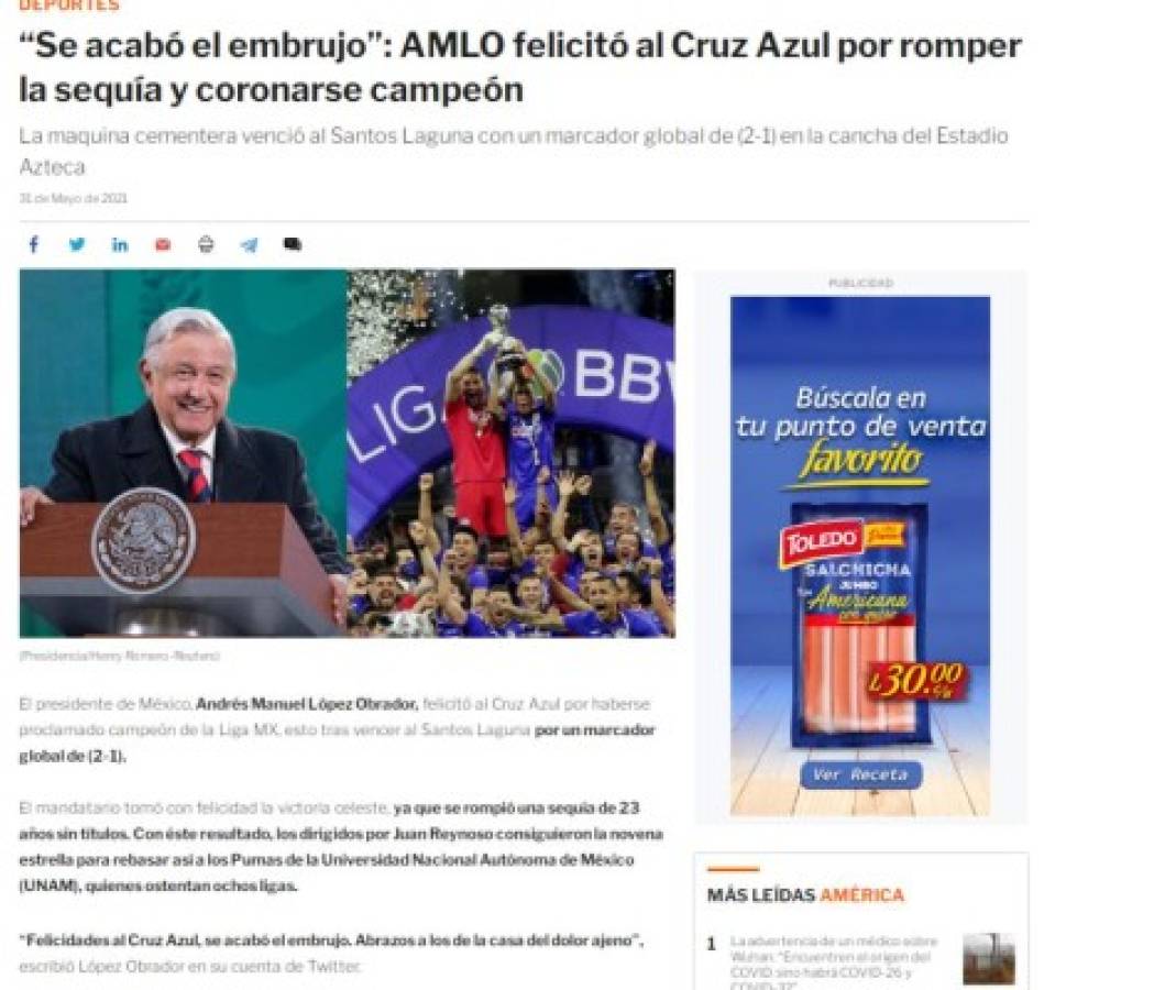 'Acabó el embrujo y AMLO se rinde': Prensa mundial tras el noveno título de Cruz Azul en la Liga MX