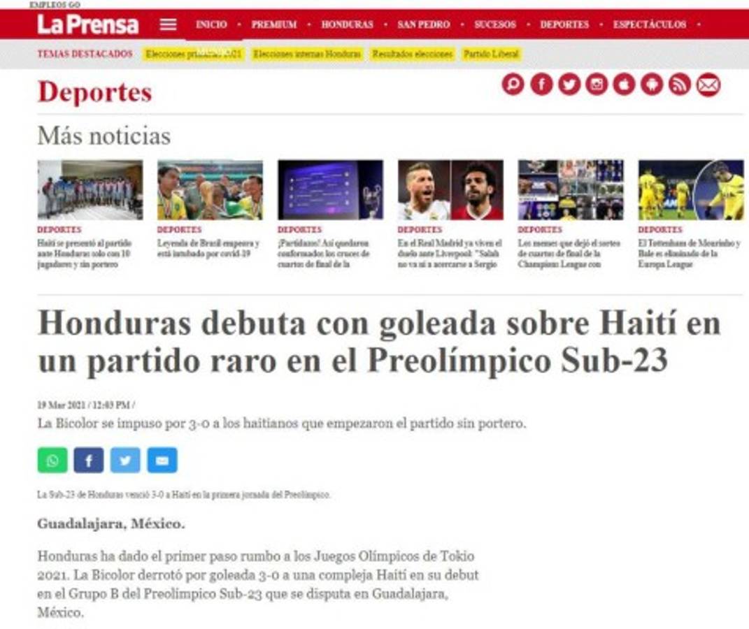 Lo que dicen los medios sobre el debut y victoria de Honduras ante Haití en el Preolímpico 2021