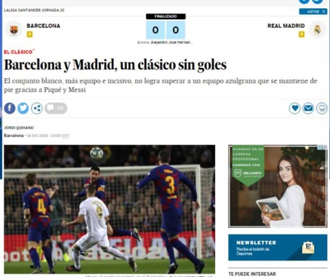 Lo que dice la prensa mundial tras el Barcelona-Real Madrid: 'Mucho fútbol y poca pólvora'