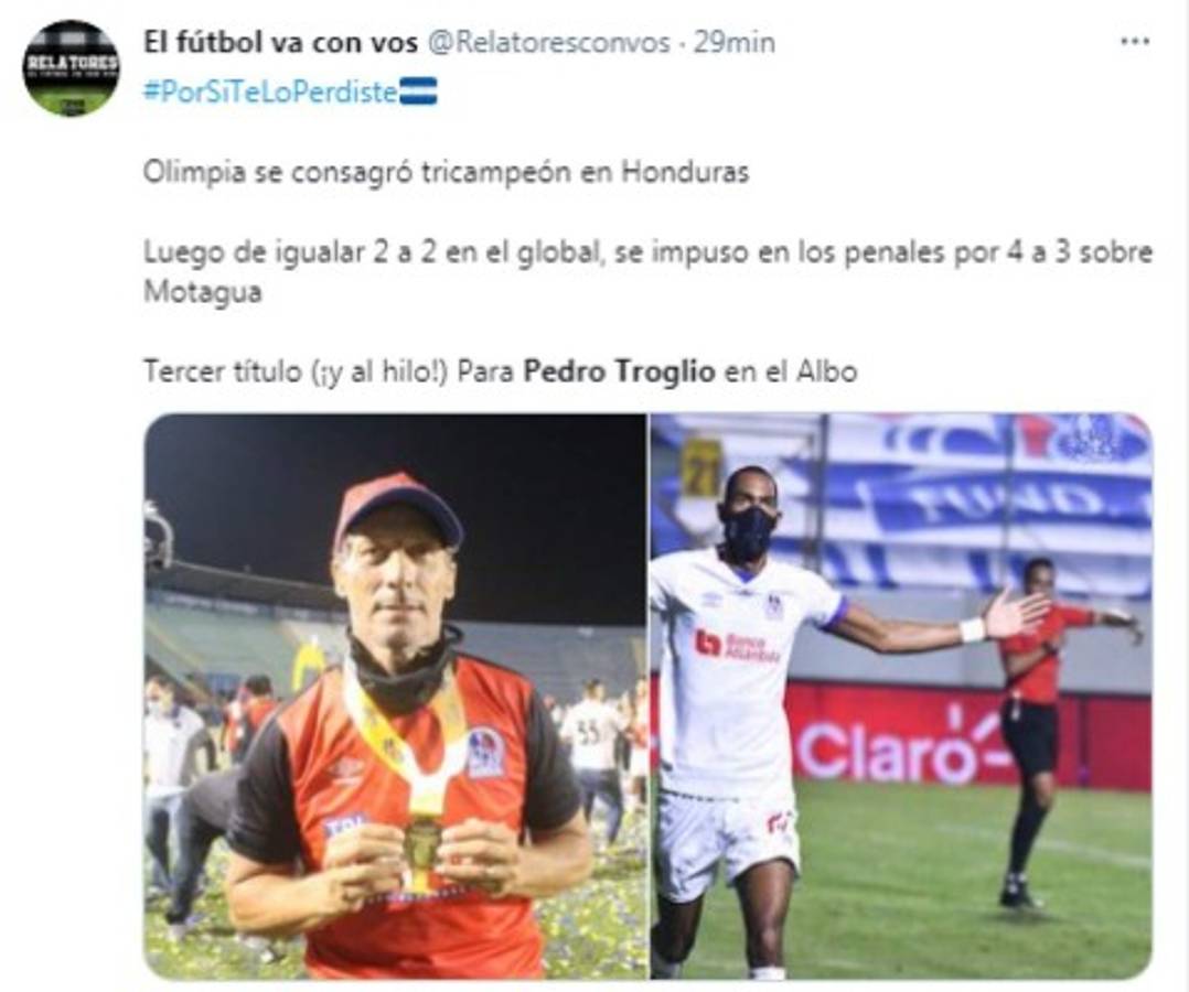 Prensa internacional sobre el tricampeonato de Olimpia ante Motagua y así destacan a Pedro Troglio