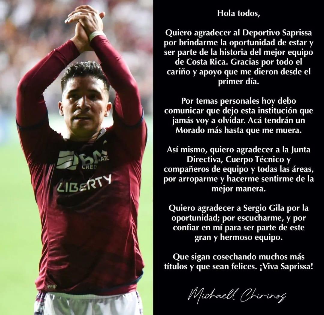La carta de Chirinos tras su salida inesperada del Saprissa de Costa Rica.