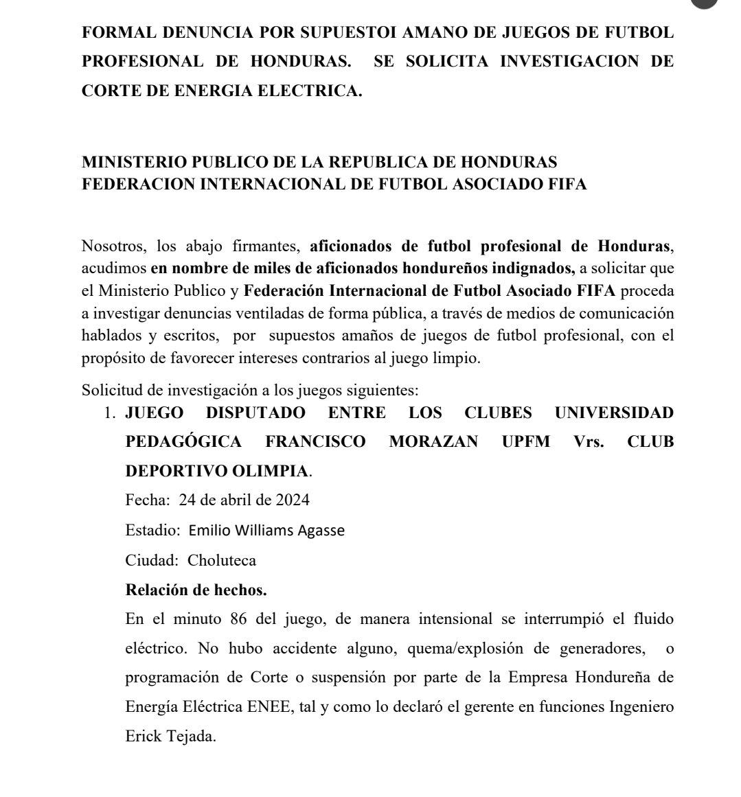 La denuncia interpuesta de los aficionados del CDS Vida ante supuestos amaños de partidos.