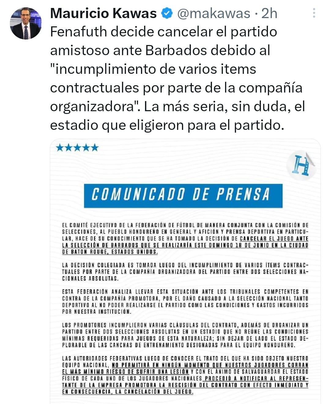 Prensa hondureña reacciona tras confirmarse la suspensión del partido amistoso entre Honduras vs Barbados