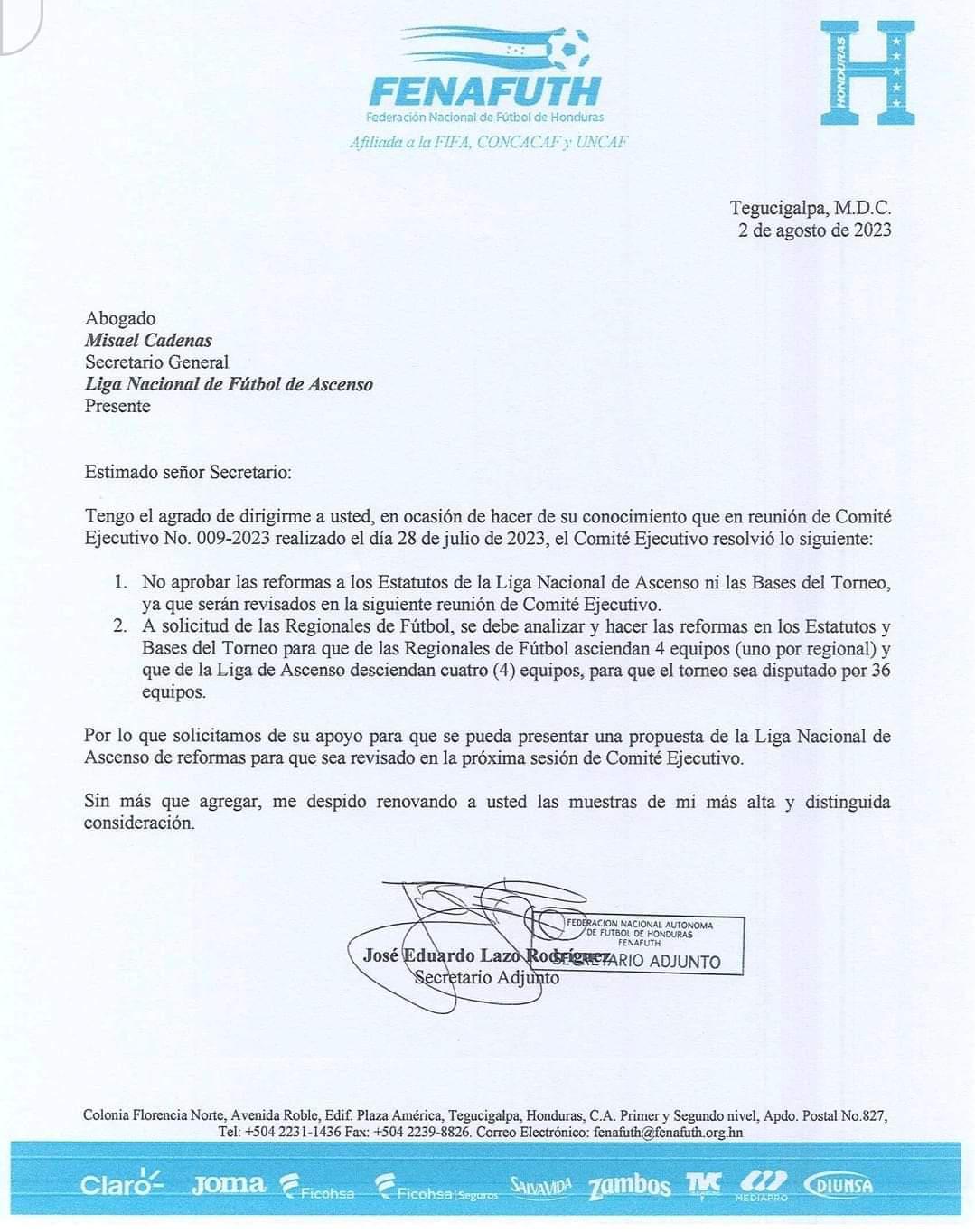 Fenafuth no aprobó el incremento de equipos en la Liga de Ascenso y afirmó que la propuesta sería revisada en una próxima reunión del Comité Ejecutivo.