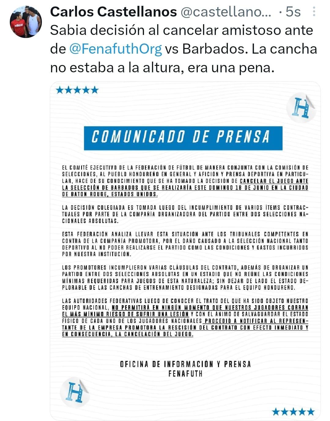 Prensa hondureña reacciona tras confirmarse la suspensión del partido amistoso entre Honduras vs Barbados