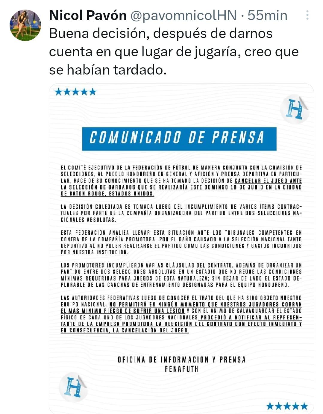 Prensa hondureña reacciona tras confirmarse la suspensión del partido amistoso entre Honduras vs Barbados